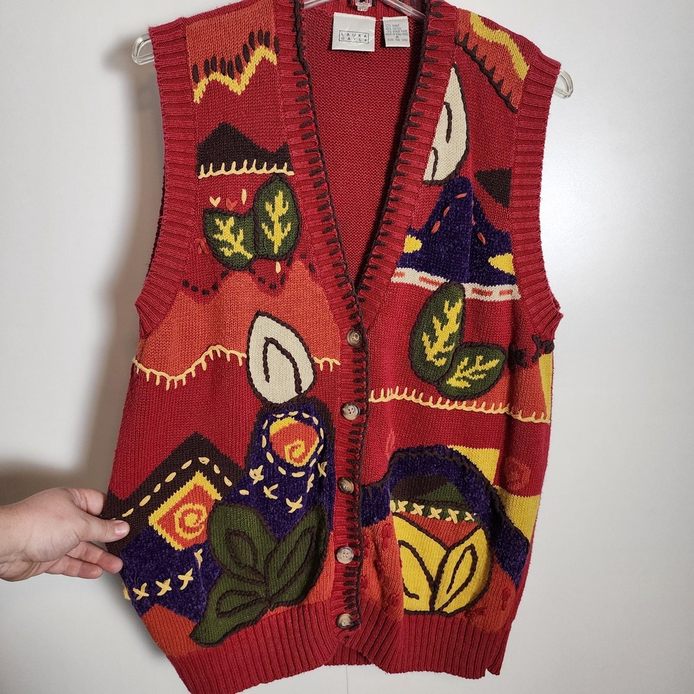 M retro vintage Laura Gayle abstract colorful button up vest, campfire, plants